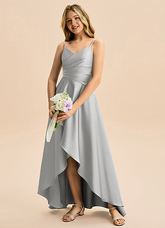 Azazie Eirlys Junior Vestido Prata de Cetim elástico de Linha A com Plissado image4