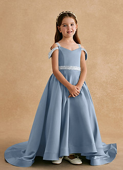 Azazie Jodi Robe Demoiselle D'honneur Fillette Robe Trapèze en Mat Satiné Bleu Poussiéreux image4