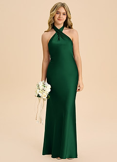 Azazie Chickie Junior Jurk van Stretch Satijn met Kolom Geplooid Donkergroen image3