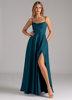Azazie Elle Bridesmaid Dresses Ink Blue A-Line Pleated Stretch Satin Dress image3