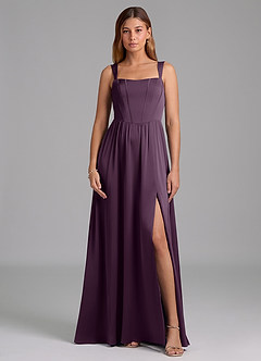 Azazie Rosaline Robes de demoiselle d'honneur Robe Trapèze en Satin extensible Fente Latérale Prune image3
