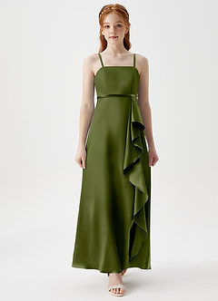 Azazie Kaylee Junior Olive A-Line with Belt Metallic Satin Dress image4