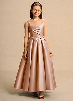 Azazie Mochi Girl vestidos de niña de las flores Vestido de Champán Rosado de Satin Mate de Princesa con Plisado image1