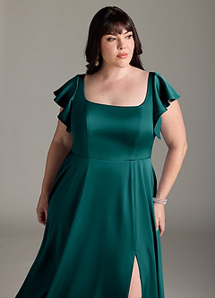 Azazie Bondi Bridesmaid Dresses Peacock A-Line Bow Stretch Satin Dress image11