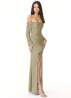 Azazie Hallie Bridesmaid Dresses Moss Green Sheath Off-The-Shoulder Long Sleeve Stretch Satin Convertible Dress image5