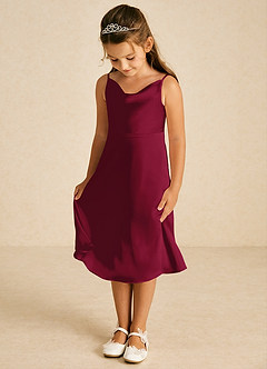 Azazie Zuzu Flower Girl Dresses Burgundy A-Line Spaghetti Strap Stretch Satin Dress image3
