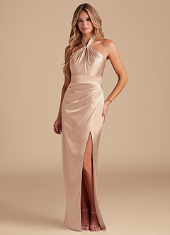 Azazie Zaya Bridesmaid Dresses English Rose Sheath Pleated Metallic Satin Dress image1