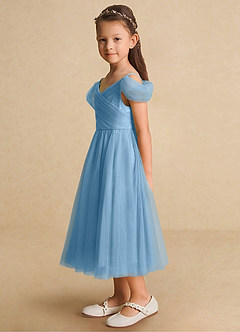 Azazie Lizzette Flower Girl Dresses Steel Blue A-Line Ruched Tulle Dress image3