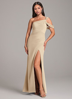 Azazie Wynter Bridesmaid Dresses Champagne Sheath Off the Shoulder Chiffon Dress image1