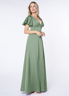 Azazie Lani Robes de demoiselle d'honneur Robe Trapèze en Satin extensible Manche à volants Matcha image4