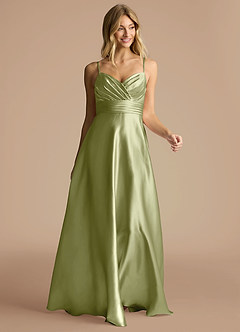 Azazie Oliana Bridesmaid Dresses Pistachio A-Line Pleated Metallic Satin Dress image5