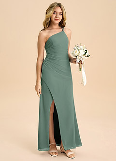 Azazie Eren Junior Vestido Eucalipto de Chiffon de Linha A com Plissado image3