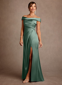 Azazie Bedford Mother of the Bride Dresses Eucalyptus Sheath Pleated Stretch Satin Dress image2