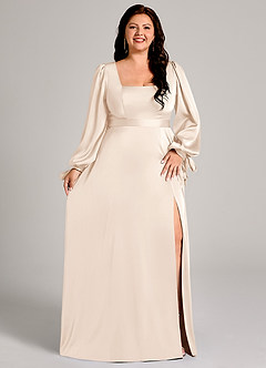 Azazie Leonia Bridesmaid Dresses White Alabaster A-Line Long Sleeve Stretch Satin Dress image11