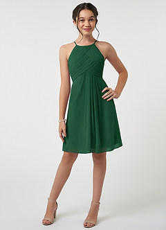 Azazie Ginny Junior Dark Green A-Line Pleated Chiffon Dress image1