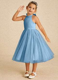 Azazie Dora Flower Girl Dresses Steel Blue A-Line Bow Tulle Dress image2