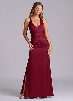 Azazie Amelie Bridesmaid Dresses Burgundy A-Line Pleated Stretch Satin Dress image1