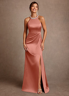 Azazie Lawrence Abiti per la Madre della Sposa Abito A-Line in Raso Elasticizzato Plissettato Salmone Rosa image1