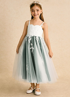 Azazie Coraline Flower Girl Dresses Ivory Emerald A-Line Lace Dress image1