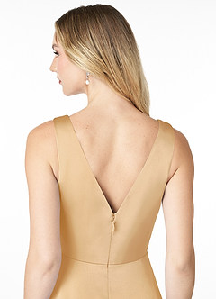 Azazie Nelly Bridesmaid Dresses Gold A-Line V-Neck Pleated Stretch Satin Dress image5
