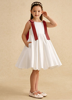 Azazie Stacie Flower Girl Dresses Ivory Terracotta A-Line Bow Matte Satin Dress image2