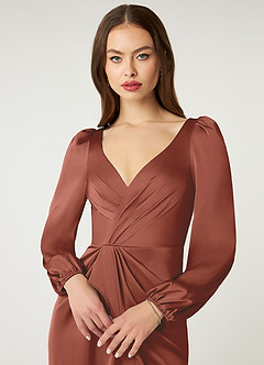 Azazie Mel Bridesmaid Dresses Auburn Sheath Long Sleeve Stretch Satin Dress image5