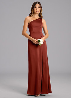 Azazie Phaedra Bridesmaid Dresses Terracotta A-Line One Shoulder Stretch Satin Dress image4