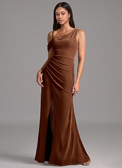 Azazie Madelyn Jurken voor bruidsmeisjes Jurk van flueel met Kolom One-Shoulder Omber image4