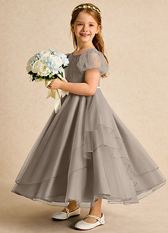 Azazie Duckie Abiti da Ragazza di Fiori Abito Principessa in Tulle Plissettato Taupe image4