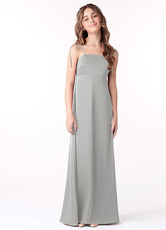 Azazie Violeta Junior Silver A-Line Bow Stretch Satin Dress image1