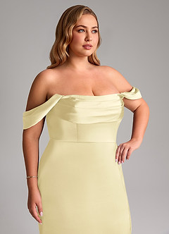 Azazie Saige Bridesmaid Dresses Lemon Sorbet Sheath Off the Shoulder Stretch Satin Dress image14