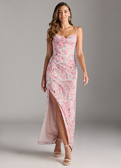 Azazie Mai Bridesmaid Dresses Abstract Watercolor Floral Sheath Pleated Chiffon Dress image2