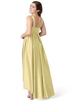 Azazie Inaya Junior Lemon Sorbet A-Line with Belt Stretch Satin Dress image4