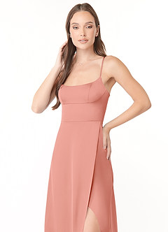 Azazie Halsey Bridesmaid Dresses Coral Sheath Side Slit Stretch Satin Dress image6