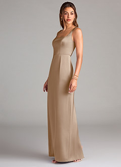 Azazie Flori Bridesmaid Dresses Taupe Sheath Side Slit Stretch Satin Dress image4