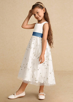 Azazie Pollie Blumenmädchenkleider A-Linie Schleifen Tüll Kleid Elfenbein Stahlblau image8