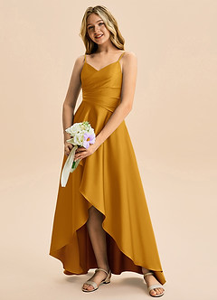 Azazie Eirlys Junior Robe Trapèze en Satin extensible Plissée Caramel écossais image4