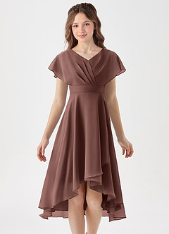Azazie Graciela Junior Espresso A-Line Pleated Chiffon Dress image3