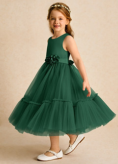 Azazie Miracle Blumenmädchenkleider A-Linie Schleifen Matte Satin Kleid Dunkelgrün image3