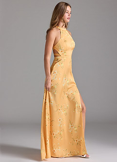 Azazie Clarice Bridesmaid Dresses Golden Blooms A-Line High Neck Stretch Satin Dress image5