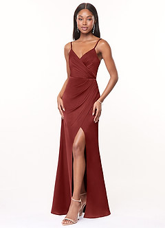 Azazie Maci Bridesmaid Dresses Terracotta A-Line V-Neck Pleated Stretch Satin Dress image3