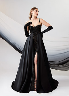 Azazie Esmeray Wedding Dresses Black Nude A-Line Sequins Stretch Satin Dress image1