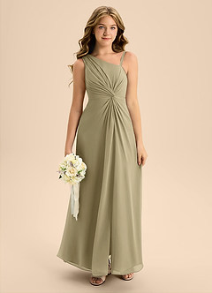 Azazie Brooke Junior Abito A-Line in Chiffon Spacco Laterale Verde Muschio image3