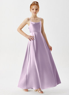 Azazie Shale Junior Robe Trapèze en Satin extensible Frostiges Flieder image4