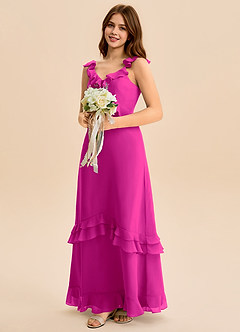 Azazie Tavie Junior Vestido de Fucsia de Gasa de Corte en A con Volante image4