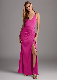 Azazie Shania Vestidos de damas de honor Vestido de Fucsia de Satén Elástico de Corte Recto con Cuello en V Plisado image1