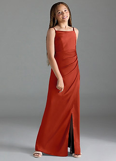 Azazie Leonis Junior Rust A-Line Pleated Stretch Satin Dress image3