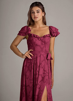 Azazie Aricella Bridesmaid Dresses Burgundy A-Line Corset Floral Burnout Dress image6
