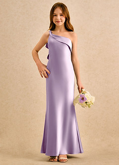 Azazie Almond Girls Formal 플라워 걸 드레스 쉬스 한쪽 어깨 스트레치 새틴 플로어 길이 드레스 image4