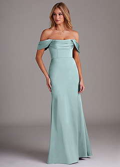Azazie Saige Bridesmaid Dresses Sea Glass Sheath Off the Shoulder Stretch Satin Dress image4